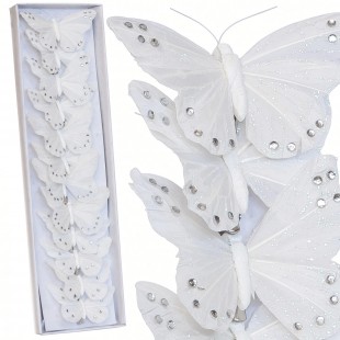 Fluturi decorativi albi din pene cu clips (12 buc)